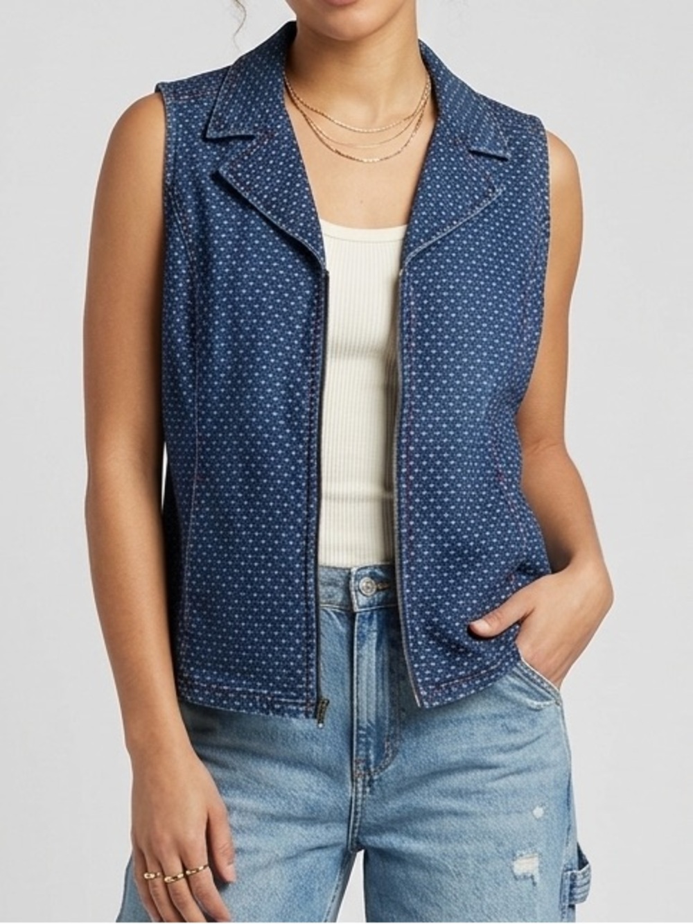 Christopher & Banks Jean Patterned Zip Up Vest